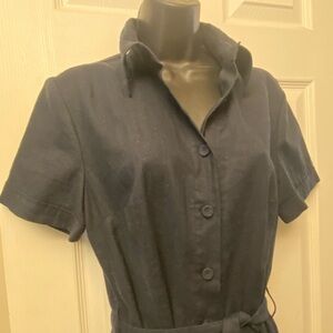 Tilley linen blend travel dress sz 10 navy blue button front shirt dress EUC